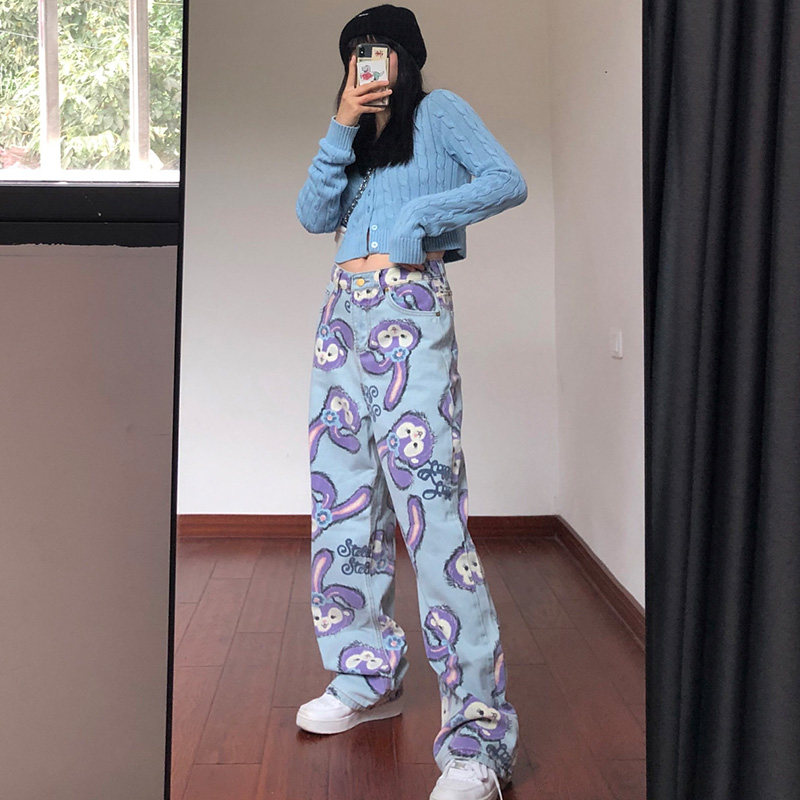 Ins trendy star Dailu full print rabbit wide-leg jeans women's straight loose high waist slimming daddy trousers