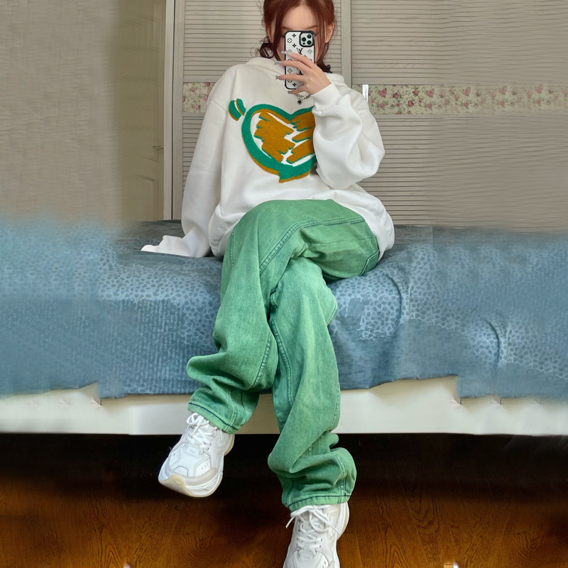 Guochao heavy industry green ek jeans women's thin 2022 new spring hiphop straight high waist loose wide leg pants