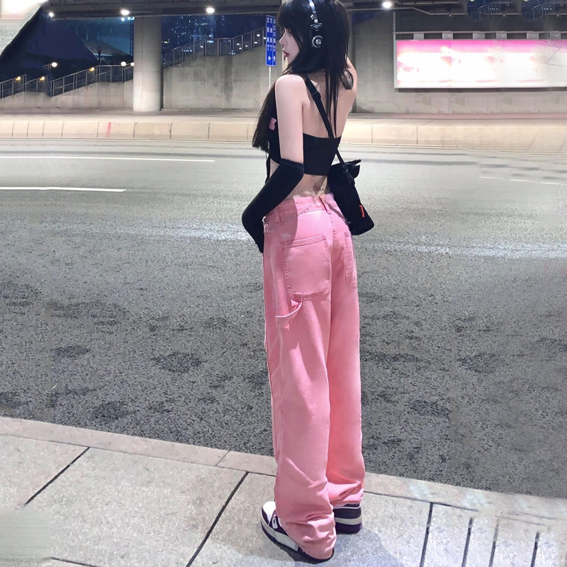 2022 new hot style spring and autumn straight pink high waist jeans women's high street loose pants ins tide wide leg pants