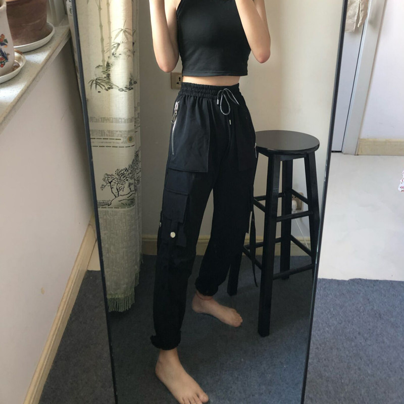 2022 black overalls women's summer thin section slim elastic waist small size beam feet European station super hot casual pants