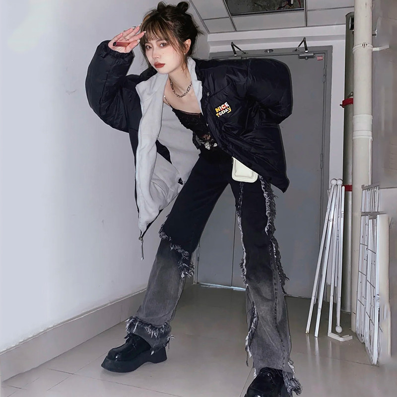 Retro gradient black gray raw edge washed jeans for men and women spring and summer loose straight high waist daddy pants trendy ins