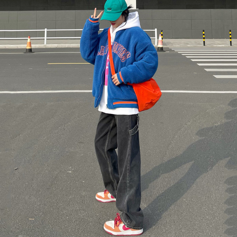 2022 new style jeans women's ins straight tide loose slim thigh thick high waist cigarette pants wide leg pants