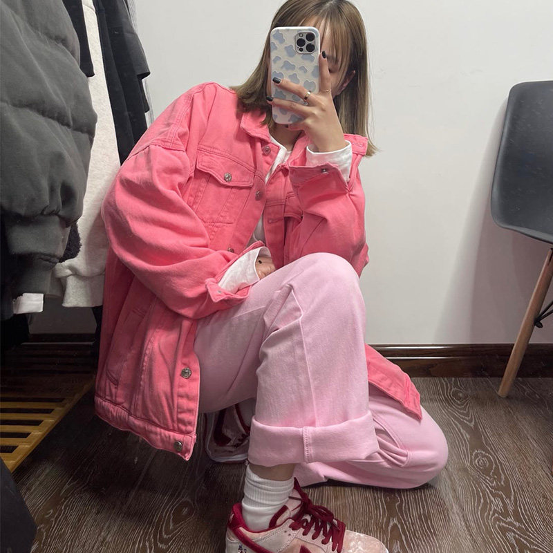 2022 Spring and Autumn New Rose Red Denim Jacket Female Korean Trendy Brand Ins Fried Street Retro Tooling Couple Jacket