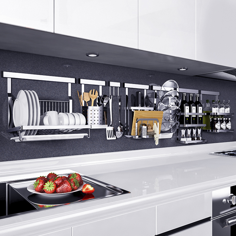 Kitchen shelve wall-mounted free of punch 304 stainless steel pendant package containing wall holder seasoning hanging rack