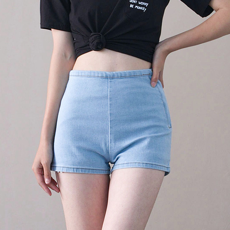 European and American High-Waisted Denim Shorts for Women, Summer Outerwear, Hip-Hugging, Slimming, Thin, Stretchy, Tight-Fitting, Light Blue Leggings Hot Pants