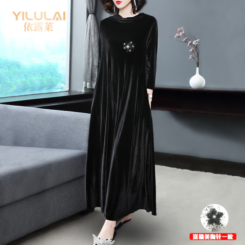 Plus Size Women's Velvet Dress, Long-Sleeved, Loose-Fitting, Elegant and Stylish, Long Dress for Middle-Aged Mothers, Autumn Wear for Chubby Women