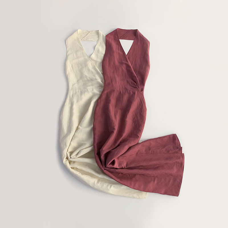 French Style~ Backless V Neck Cross Wrap Silk and Linen Halter Dress, Elegant and Elegant, Sleeveless, Waist Slimming Long Skirt