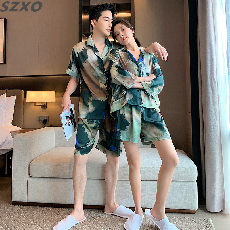 SZVA printing and dyeing silk couple pajamas women's spring and summer long-sleeved trousers men's loose plus size home service suit