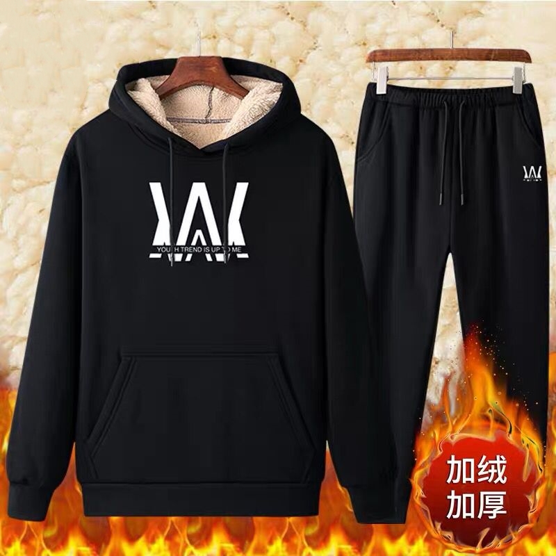 男士套装加绒保暖外套2019秋冬季休闲青年韩版男卫衣裤子两件套潮