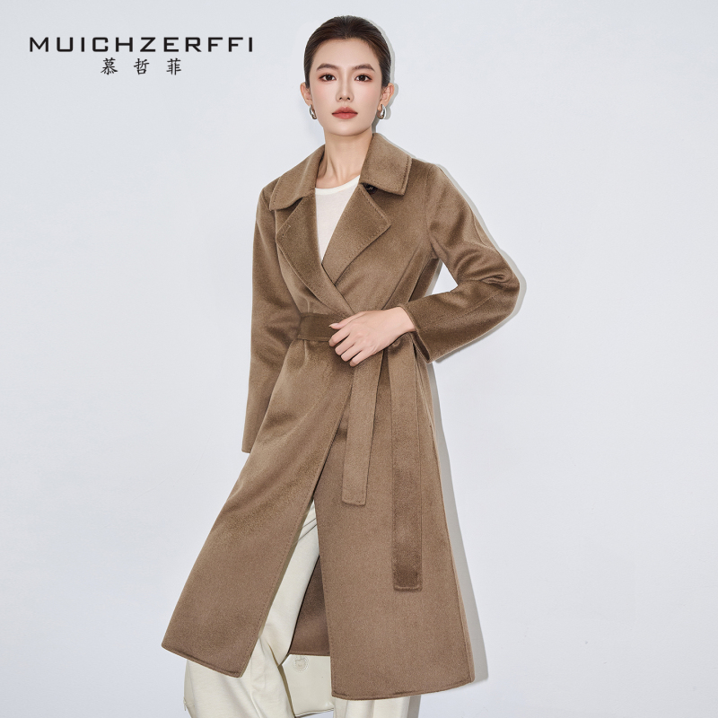 Pure Cashmere Coat for Women, Double-Sided Fabric, Mid-Length, Single-Button, Tie-Up, Multi-Color Woolen Coat, Mu Zhe Fei 2428