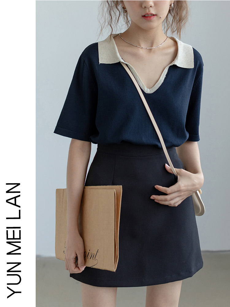 DESIGN KNITTED SHORT-SLEEVED COLOR-BLOCKED POLO SHIRT T-SHIRT WOMENS 2024 NEW SUMMER LOOSE AND THIN V-NECK TEMPERAMENT TOP