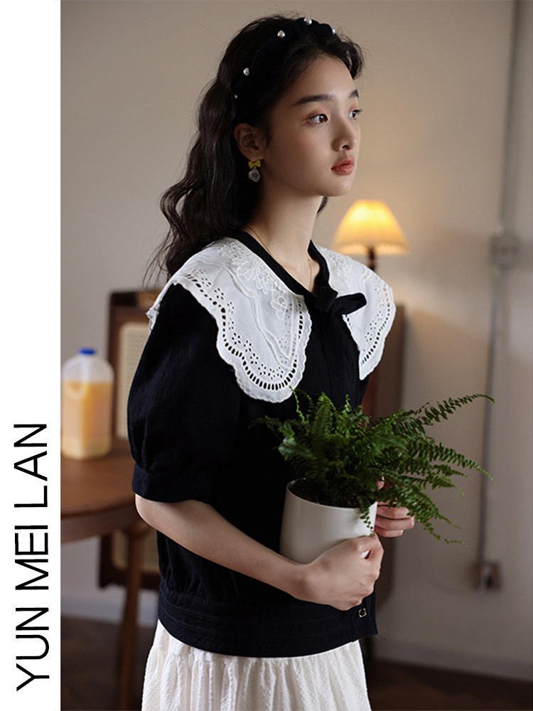 DESIGN SENSE NICHE SWEET CONTRAST LACE COLLAR TIE SHIRT WOMENS 2024 NEW SUMMER LOOSE CHIC SHIRT TIDE