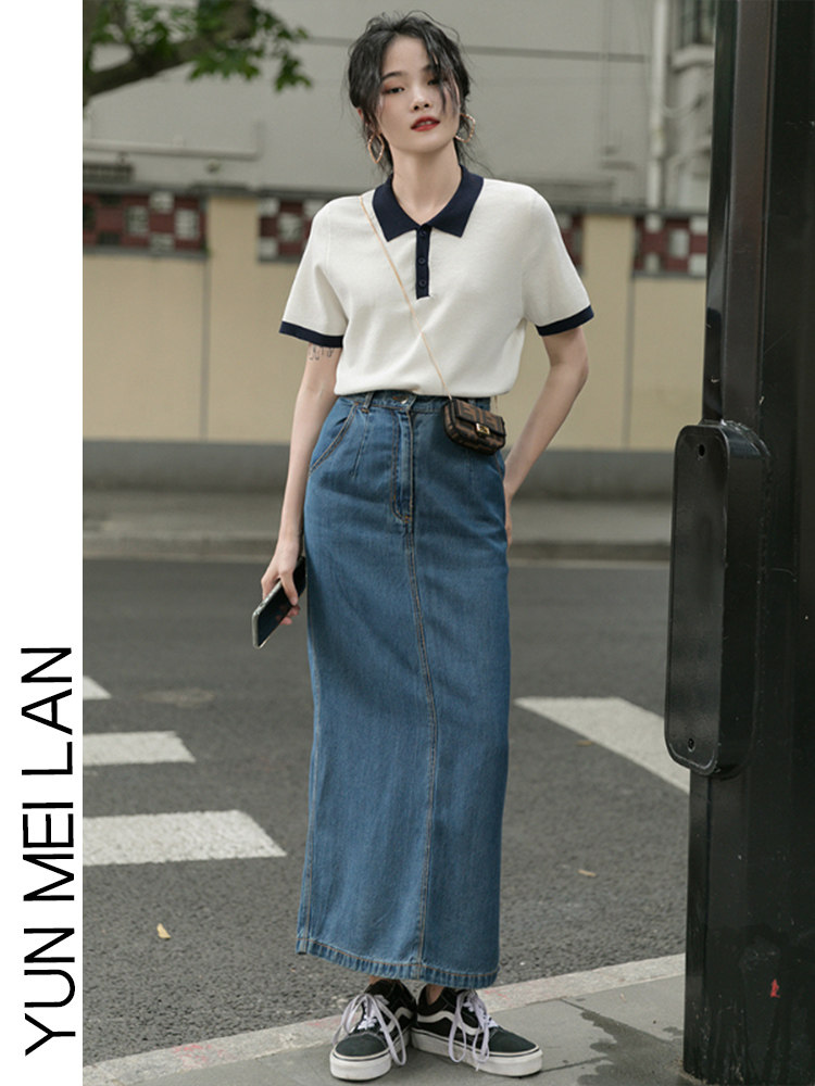 2024 NEW SUMMER FRENCH NICHE SLIM CROPPED POLO SHIRT WOMENS SINGLES BREASTED COLOR-BLOCKED SHORT-SLEEVED KNITWEAR TREND