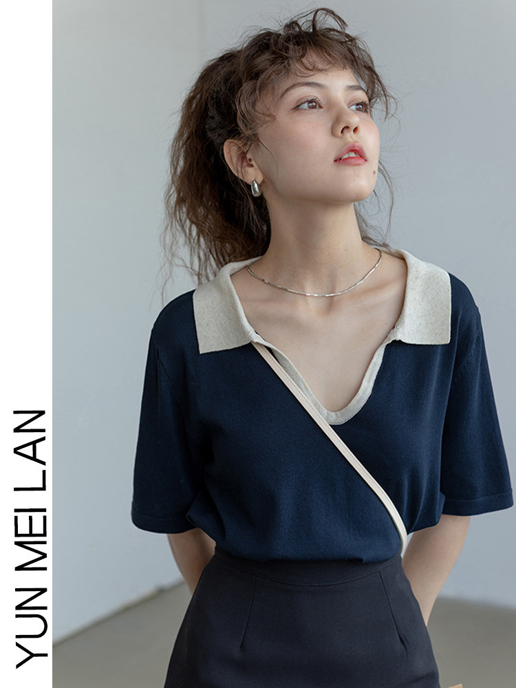 DESIGN KNITTED SHORT-SLEEVED COLOR-BLOCKED POLO SHIRT T-SHIRT WOMENS 2024 NEW SUMMER LOOSE AND THIN V-NECK TEMPERAMENT TOP