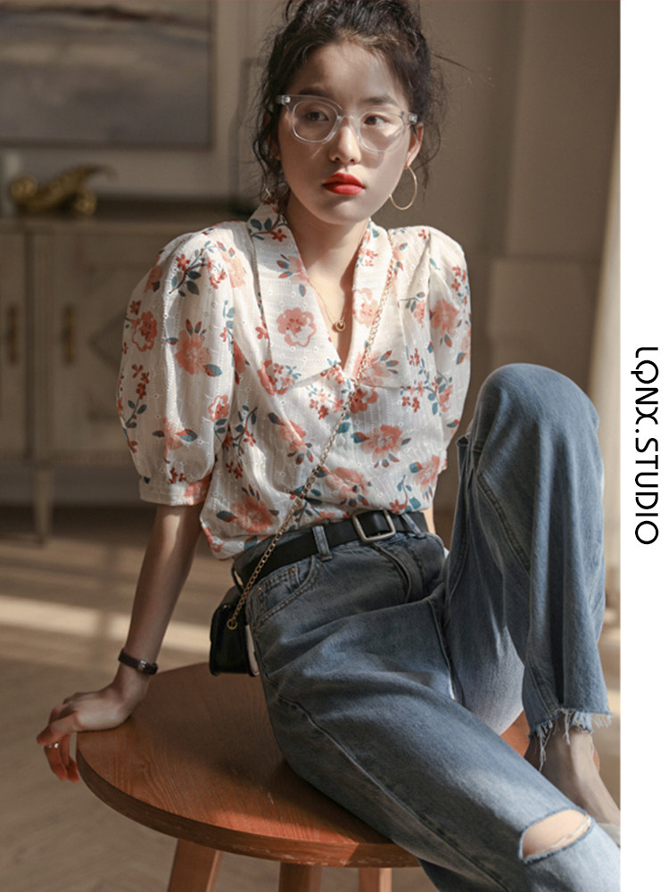 2024 NEW SUMMER FRENCH VINTAGE CHIFFON BLOUSE DESIGN SENSE LAPEL EMBROIDERY SHORT SLEEVE SHIRT TOP WOMENS TREND