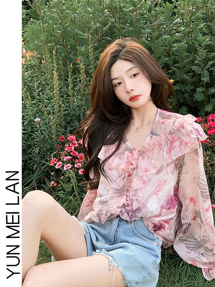 FRENCH VINTAGE FLORAL LONG-SLEEVED CHIFFON SHIRT WOMENS FALL 2024 NEW PATCHWORK RUFFLE THIN V-NECK SHIRT