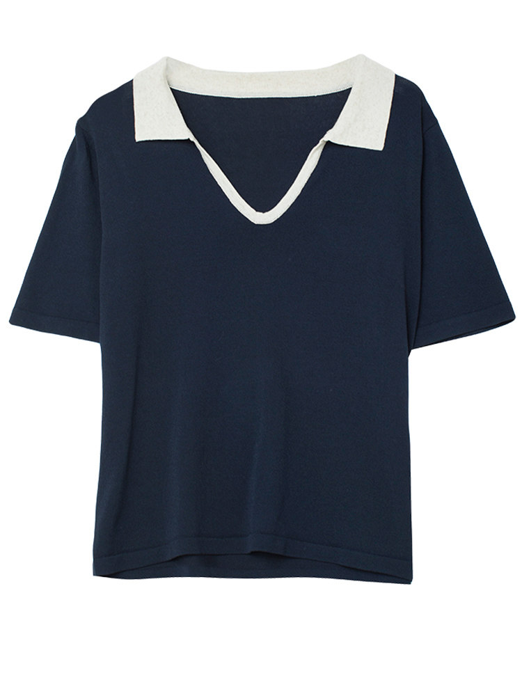 DESIGN KNITTED SHORT-SLEEVED COLOR-BLOCKED POLO SHIRT T-SHIRT WOMENS 2024 NEW SUMMER LOOSE AND THIN V-NECK TEMPERAMENT TOP
