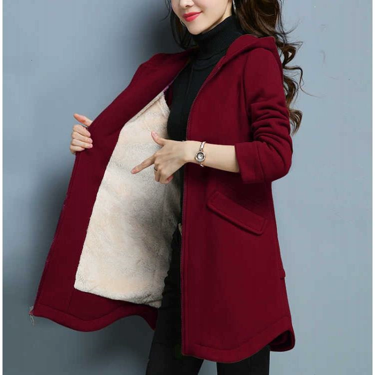 Phụ nữ có kích thước cộng với áo len đệm nhung của phụ nữ mùa thu và mùa đông có mũ trùm đầu áo khoác ấm áp dài giữa Hàn Quốc rộng rãi cộng với áo len nhung - Áo len