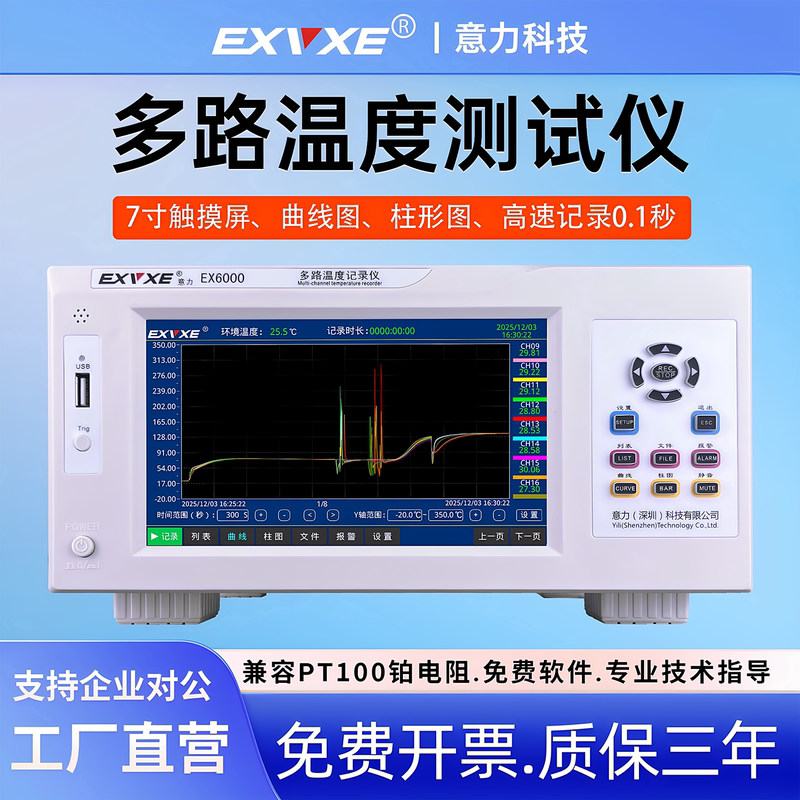 Exvxe Multi-Channel Temperature Tester Paperless Recording Acquisition Inspection Instrument 16/32-Channel Curve Thermometer Pt100
