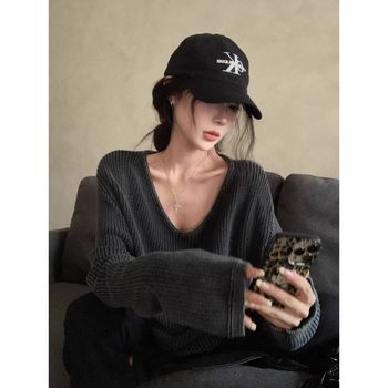 Knitted sweater lazy style gray v-neck long sleeve knitted sweater women's autumn new loose mid-length casual pullover