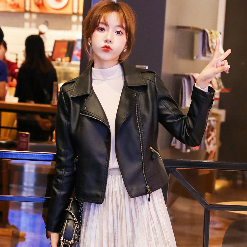 Spring and Autumn Faux Leather Jacket for Women, Fleece-Lined, Haining Motorcycle Jacket, Short Slim-Fit High-Waisted Plus-Size Coat
