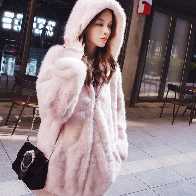 Rabbit Fur Plush Connected Hat Jacket Woman 2021 Winter South Korea's new gush thickened Raged hair loose with big fur collar