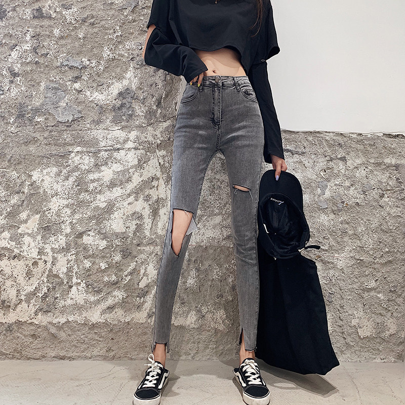 90% Pants Women Jeans 2021 Summer New Korean Version Design Sense Breaking Hole Pencil Pants Washed high waist and sashimi pants