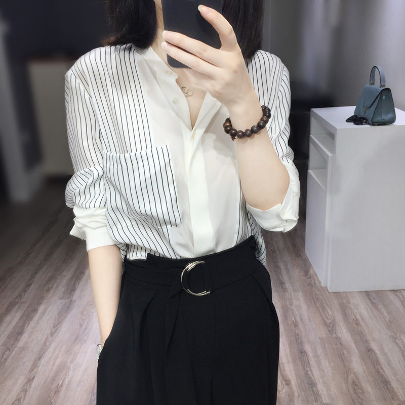 White shirt female streaks 2021 Spring and autumn new Hepburn casual 100 lap long sleeves Anti-frock blouse Ladies shirt stand