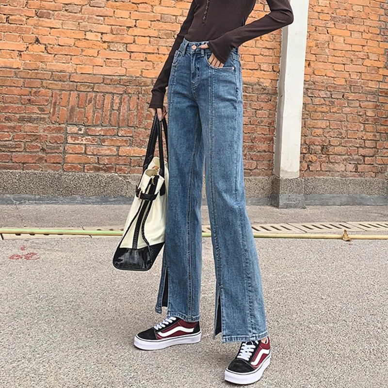 Jeans Woman open fork wide leg High waist Summer thin section Loose Display Slim height 100 lap 90% long pants straight cylinder pants