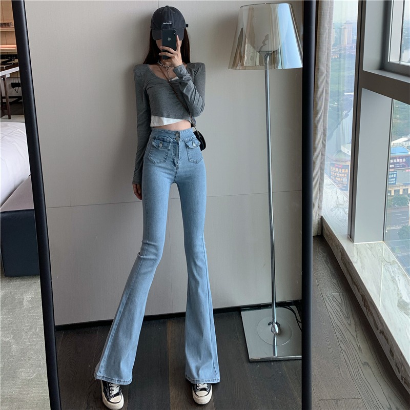 Jeans Woman 2022 New Fall Light Blue High Waist Tight Body Horn Elastic slim Sensation Smoke tube pants