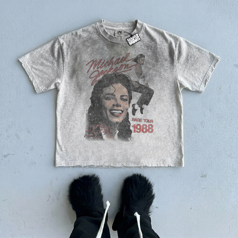 Ragecave Summer Michael Jackson Washed and Sun-Dried Distressed Short Sleeve T-Shirt Tee Ragecave Summer Michael Jackson Washed and Sun-Dried Distressed Short Sleeve T-Shirt Tee