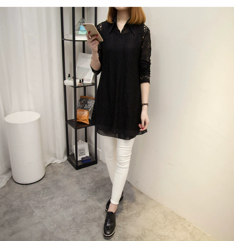 Đầm ren nữ tay dài 2018 xuân mới dành cho nữ size lớn áo voan dài áo hai dây
