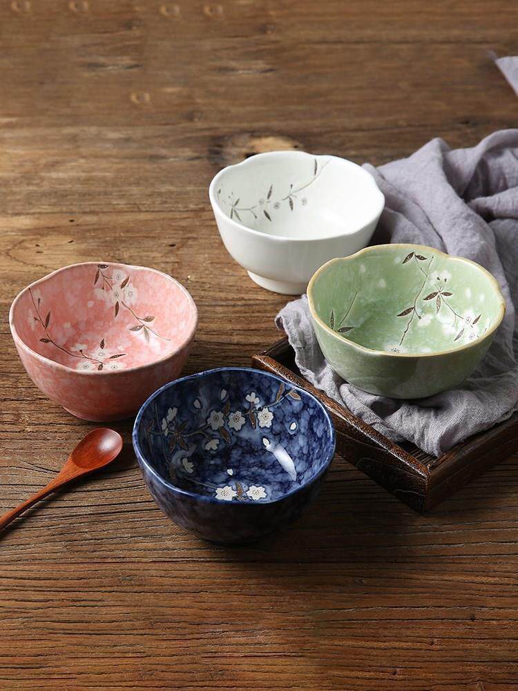 Porridge Bowl Rice Bowl Single Printed Bowl Household Ceramic Bowl Eating Bowl Small Soup Bowl Ordinary Cute Heat Insulation