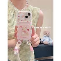 Cute strawberry rabbit card holder wristband lanyard suitable for Apple 15promax mobile phone case new iphone14 female model 12 niche 13pro creative 11 anti-fall 15 all-inclusive protection