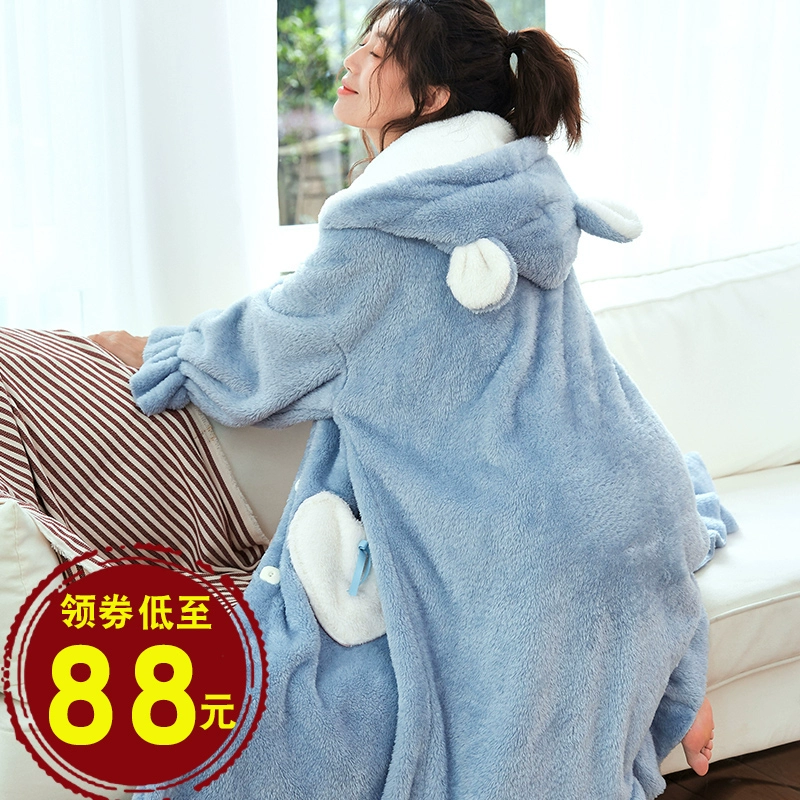 Yêu dài tay cộng với kích thước áo ngủ flannel đồ ngủ nữ áo choàng tắm san hô lông cừu mùa đông dày dài mùa xuân và mùa thu sexy váy ngủ có thể - Night Robe