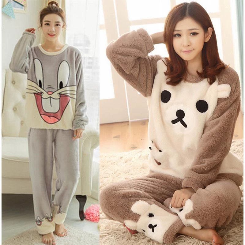 Bộ đồ ngủ mùa xuân, mùa thu và mùa đông nữ vải nỉ dày mùa đông san hô lông cừu phim hoạt hình dễ thương ấm áp bộ đồ phục vụ tại nhà - Phù hợp với nóng lên