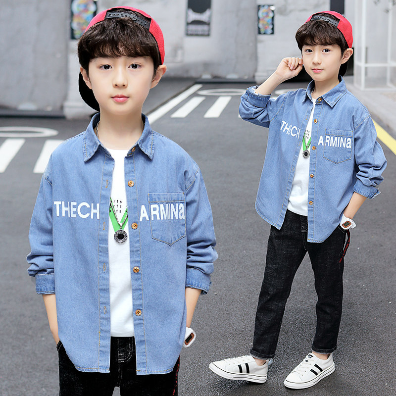 Boy Cowboy shirt 2022 Spring loaded with new Korean version CUHK Tong Chun Autumn Long sleeves shirt Children suit handsome jacket