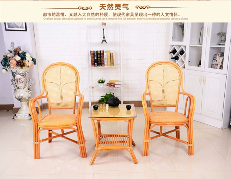 Ghế mây thật cao lưng ghế ba mảnh phòng ăn ghế ăn năm mảnh đồ gỗ ngoài trời handmade ghế ăn mây bàn cà phê - Bàn ghế ngoài trời / sân ghế ban công nhỏ