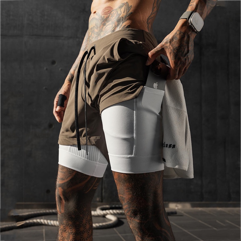 American-Style Quick-Drying High-Elastic Nylon Shorts, Quick-Drying Double-Layer Two-In-One Fake Two-Piece Gym Shorts, Running Shorts