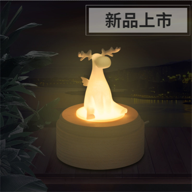 New Year's Valentine's Day Birthday present Shining Water Crystal Ball Elk Deer Small Night Light Revolving Music Box Wood-delivered Woman
