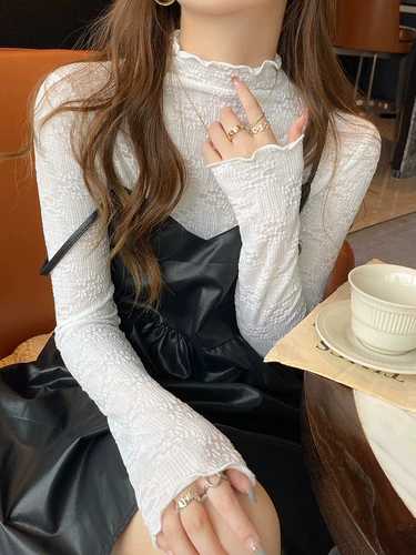 Кружевной шелковый приятный телу демисезонный лонгслив, высокий воротник, коллекция 2023, в западном стиле