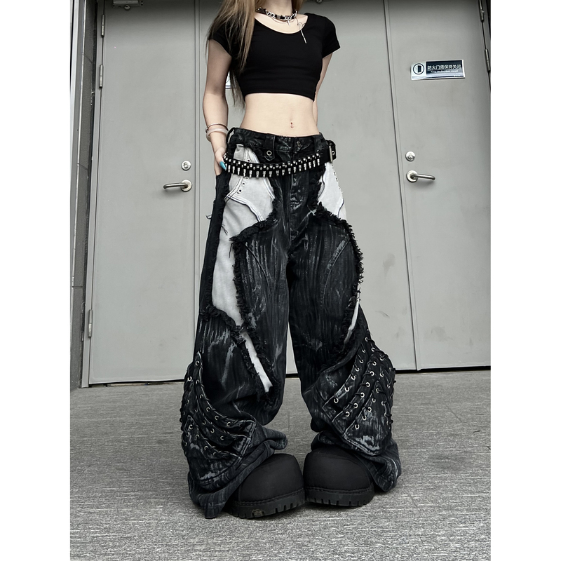 American Retro High Street Distressed Heavy-Duty Visual Style Light Post-Apocalyptic Wide-Leg Jeans Unisex Long Pants Trendy Brand