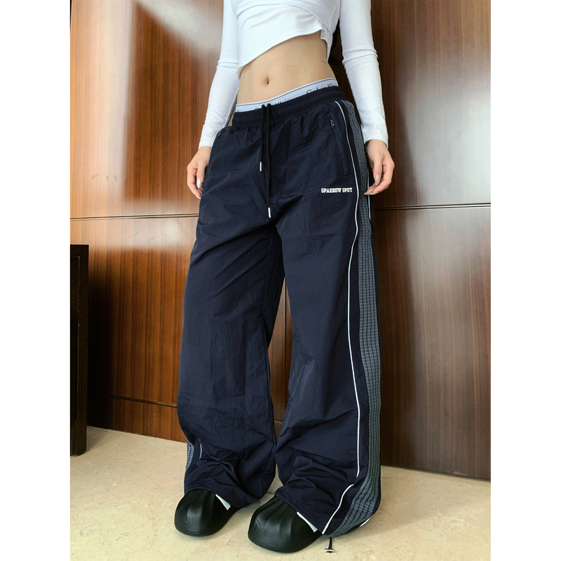 American Retro Design Street Drawstring Plaid Striped Patchwork Sports Quick-Dry Pants Unisex Summer Loose Casual Pants