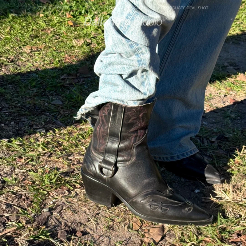 Replica Distressed Chelsea Boots for Men, Embroidered Slip-On Short Boots, Pointed Toe Chunky Heel Boots, Western Boots, Cowboy Boots, Cool