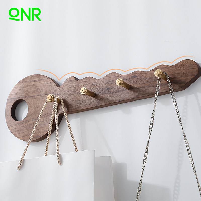 Black walnut wood wall punched brass porch hook creative door key towel hanger hook rack