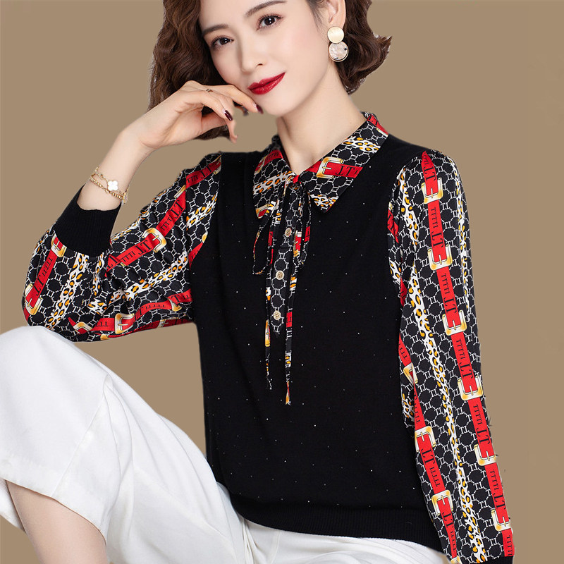 Lapel bottoming shirt women's 2022 spring and autumn new thin loose knitted sweater ninth sleeves mother fake two-piece top