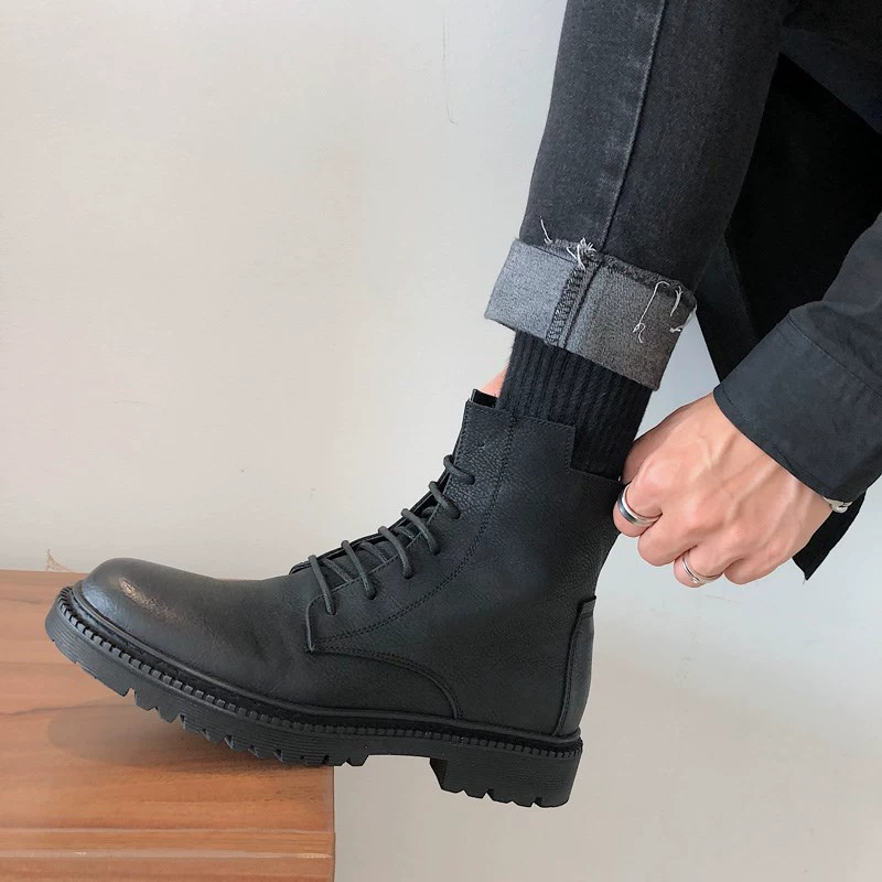 Chelsea boots nam mid-top Martin boots nam Giày da cao cổ phong cách Anh giày da ngắn khởi động cho thanh niên retro giày dụng cụ nam - Giay cao