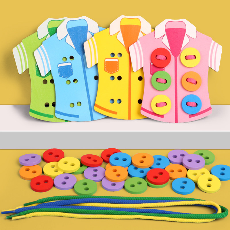 Young children wear rope toys baby fine movement hand-eye coordination concentration training button threading puzzle early education