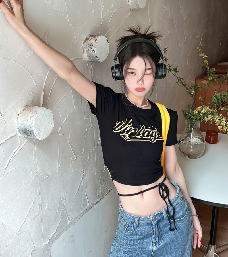 Acestudios Letter Print Front Shoulder Short Sleeve T-Shirt Women's 2022 Summer New Slim Fit Strap Short Top