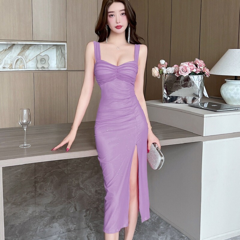 New Style Pure Desire Style Purple Suspender Dress for Women, Waist-Cinching, Slimming, High Slit, Mesh Sequins, Sexy Mid-Length Skirt New Style Pure Desire Style Purple Suspender Dress for Women, Waist-Cinching, Slimming, High Slit, Mesh Sequins, Sexy Mid-Length Skirt